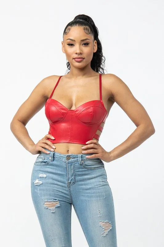 SOLID PU CROP TOP WITH SIDE CUT OUTS
