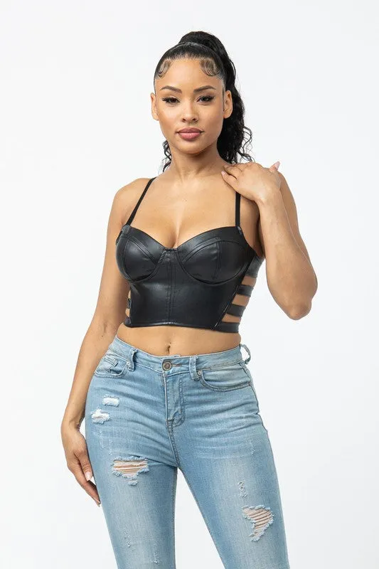 SOLID PU CROP TOP WITH SIDE CUT OUTS