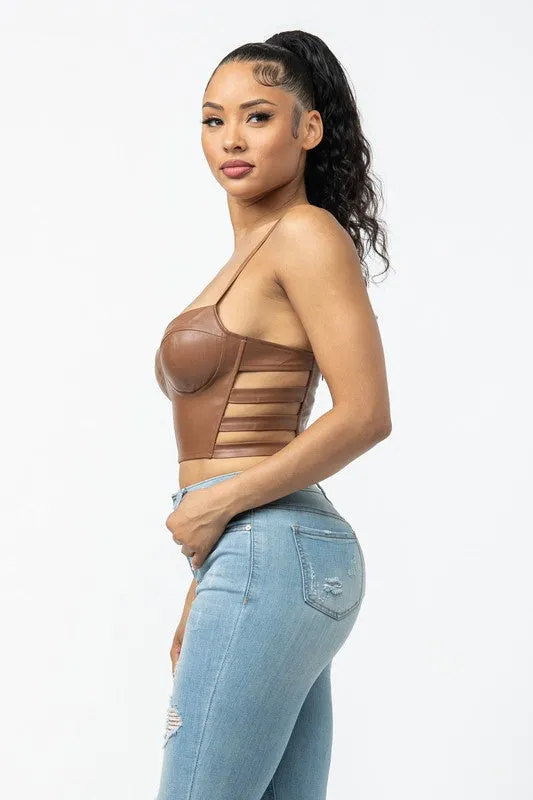 SOLID PU CROP TOP WITH SIDE CUT OUTS