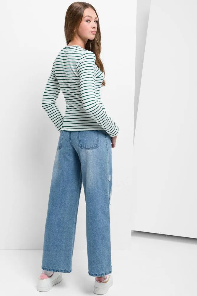 Stripe Crew Neck Long Sleeve T-Shirt Green