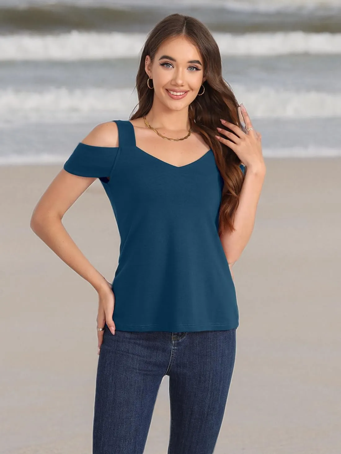 Summer Tops Womens Tunic Top Short Sleeve Cold Shoulder V Neck Loose Fit Basic Tee Casual Tops T Shirts Blouse