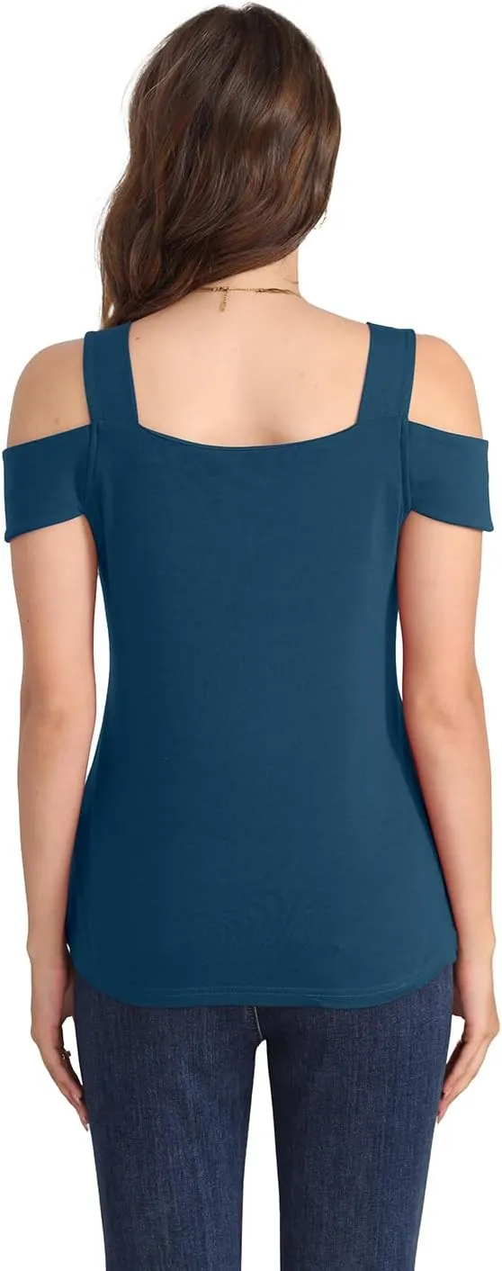 Summer Tops Womens Tunic Top Short Sleeve Cold Shoulder V Neck Loose Fit Basic Tee Casual Tops T Shirts Blouse