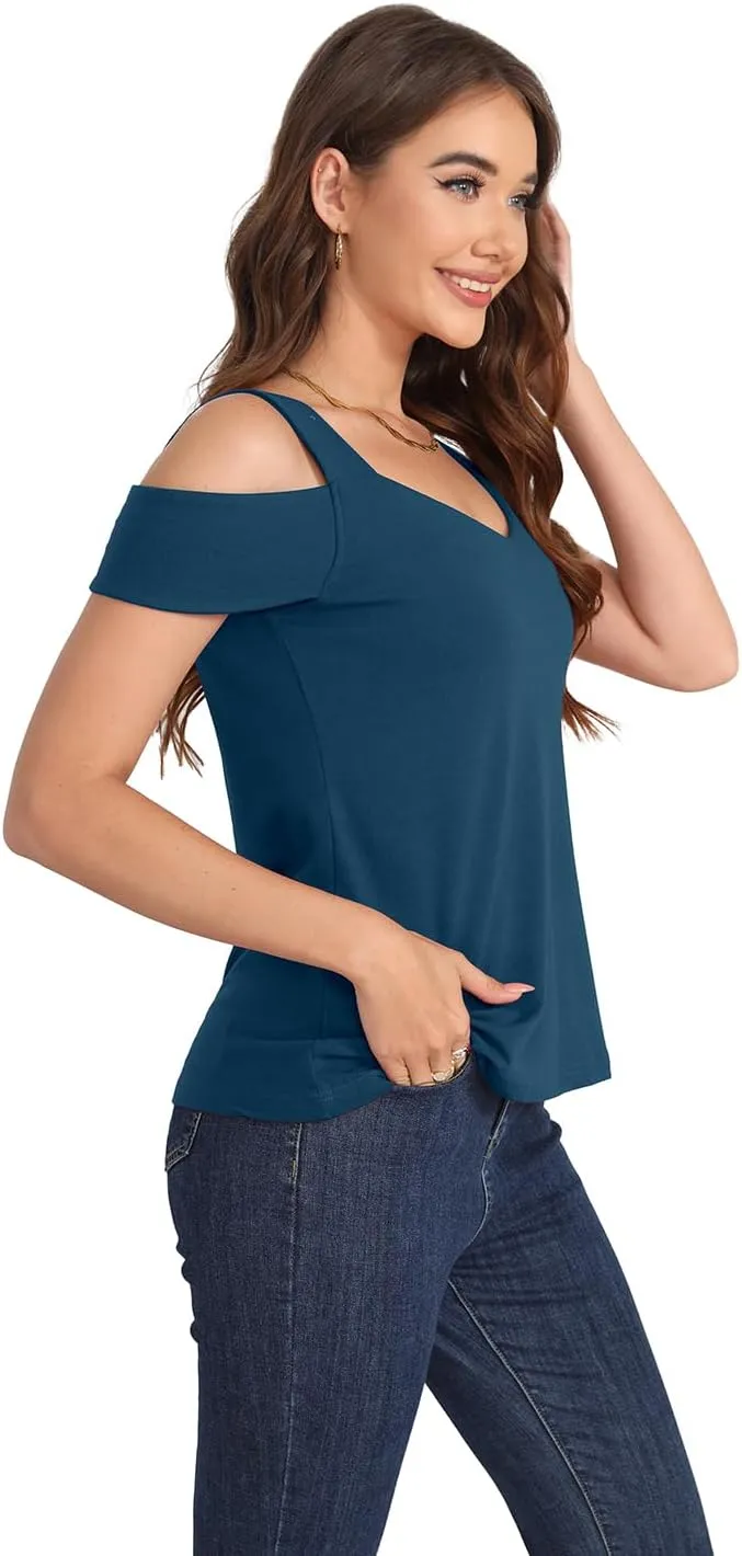 Summer Tops Womens Tunic Top Short Sleeve Cold Shoulder V Neck Loose Fit Basic Tee Casual Tops T Shirts Blouse