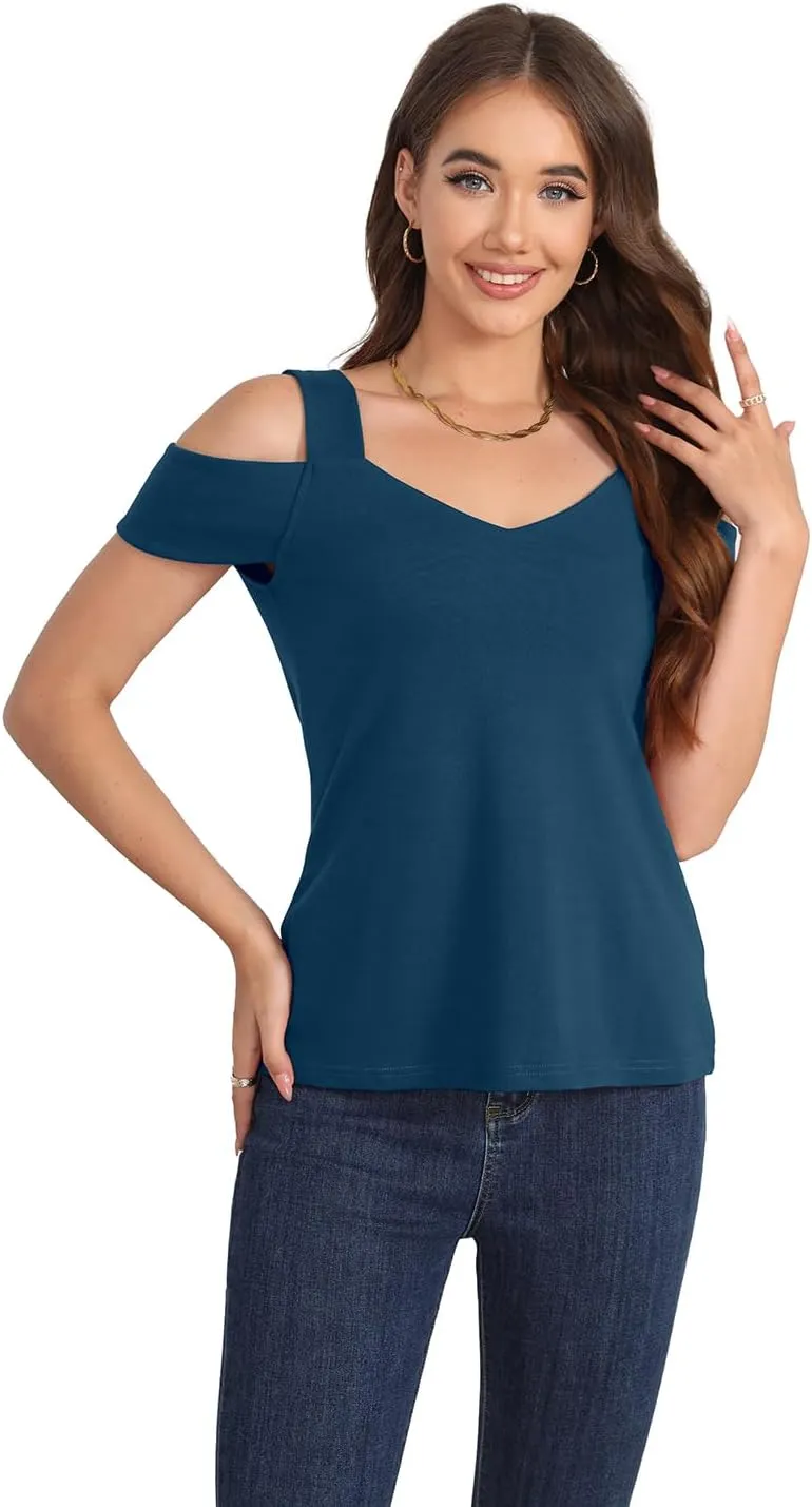 Summer Tops Womens Tunic Top Short Sleeve Cold Shoulder V Neck Loose Fit Basic Tee Casual Tops T Shirts Blouse