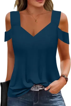 Summer Tops Womens Tunic Top Short Sleeve Cold Shoulder V Neck Loose Fit Basic Tee Casual Tops T Shirts Blouse