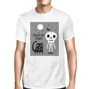 Trick-Or-Treat Skeleton Black Cat Mens White Shirt