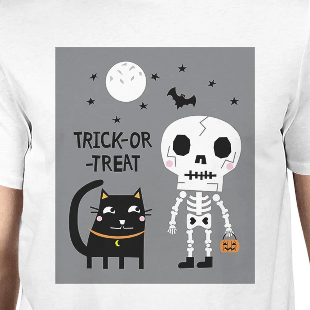 Trick-Or-Treat Skeleton Black Cat Mens White Shirt