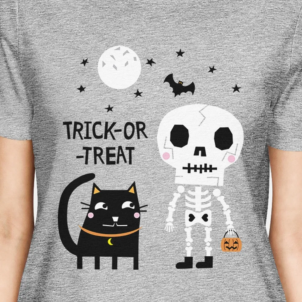 Trick-Or-Treat Skeleton Black Cat Womens Grey Shirt
