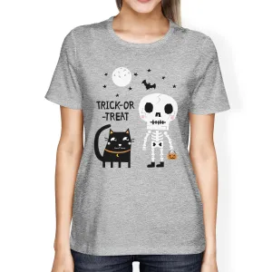 Trick-Or-Treat Skeleton Black Cat Womens Grey Shirt