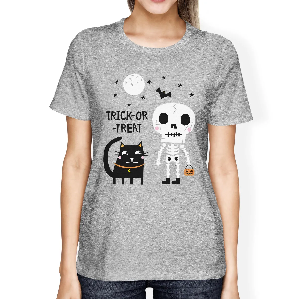 Trick-Or-Treat Skeleton Black Cat Womens Grey Shirt