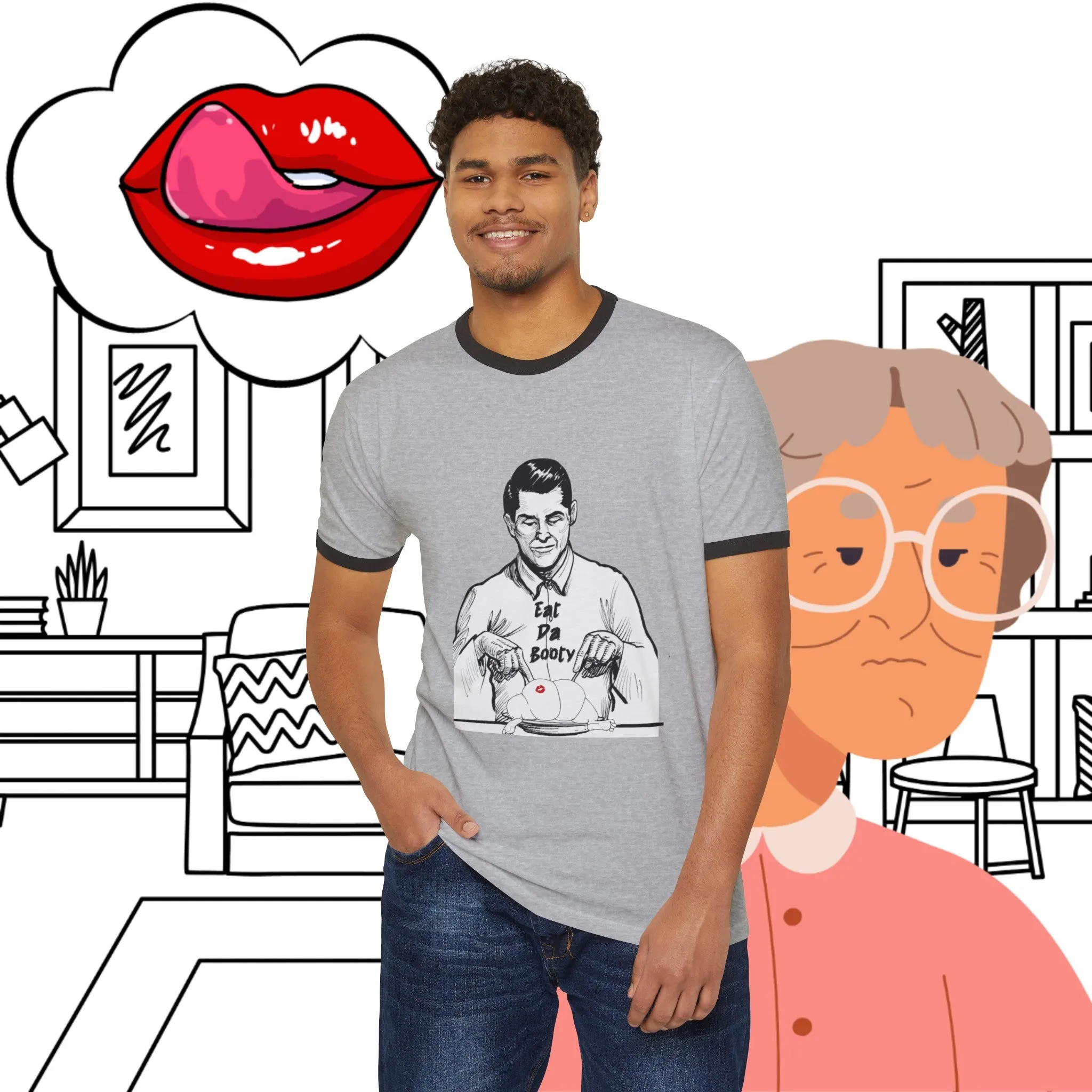 Unisex SCBC  "Eat The  Booty"  Ringer T-Shirt. T-Shirt, Vintage, Branded, Streetwear, Unisex, Light Weight, Spring Fashion, Positivity