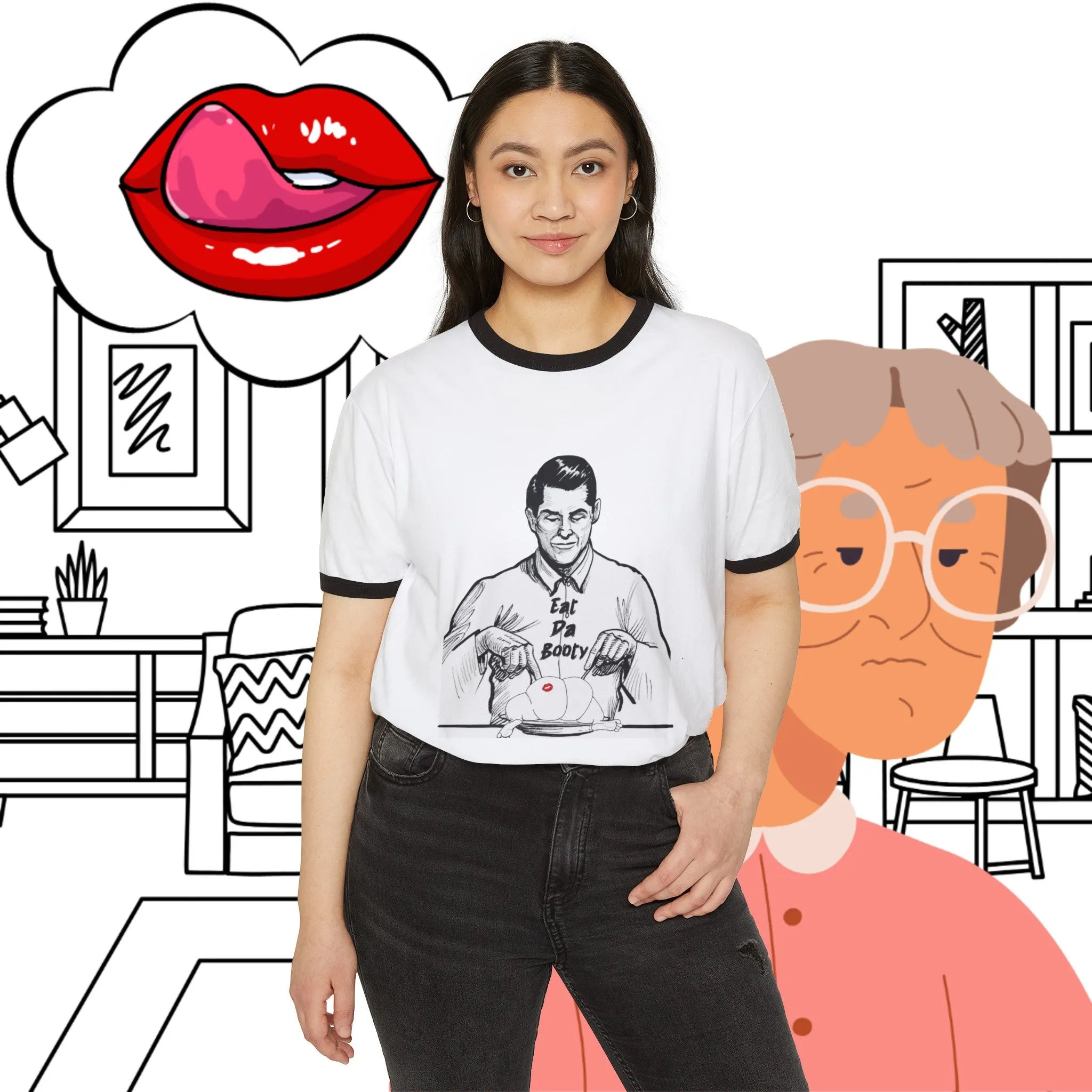 Unisex SCBC  "Eat The  Booty"  Ringer T-Shirt. T-Shirt, Vintage, Branded, Streetwear, Unisex, Light Weight, Spring Fashion, Positivity