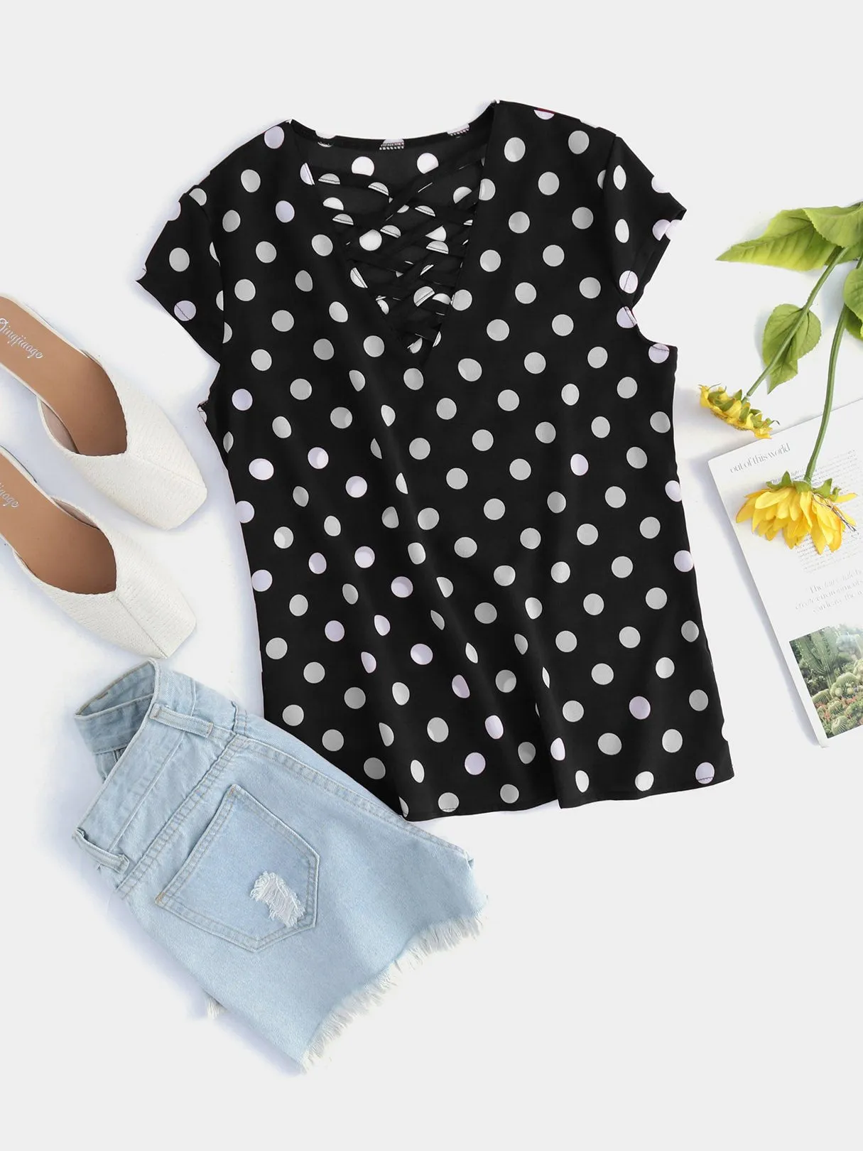 Wholesale Crossed Collar Polka Dot Criss-Cross Short Sleeve T-Shirts