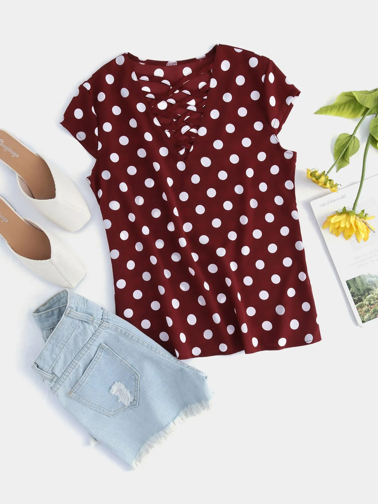 Wholesale Crossed Collar Polka Dot Criss-Cross Short Sleeve T-Shirts