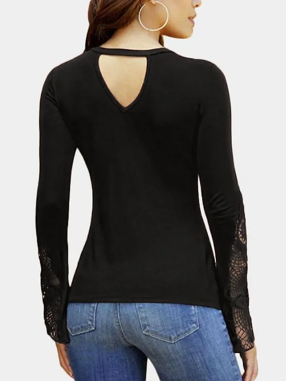 Wholesale Lace Insert Twist Knot Design V-Neck Long Sleeves Top