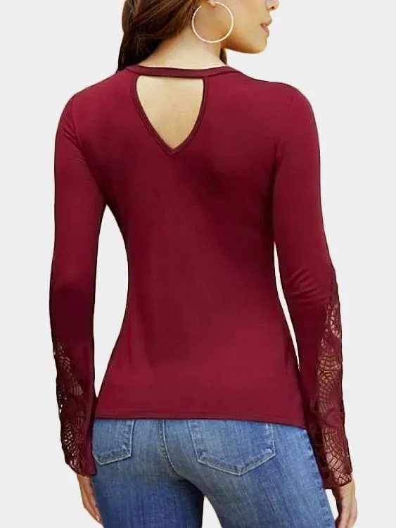 Wholesale Lace Insert Twist Knot Design V-Neck Long Sleeves Top