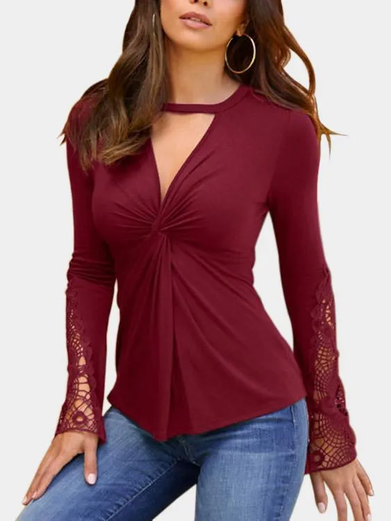 Wholesale Lace Insert Twist Knot Design V-Neck Long Sleeves Top