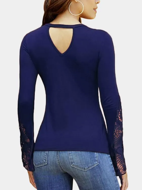 Wholesale Lace Insert Twist Knot Design V-Neck Long Sleeves Top