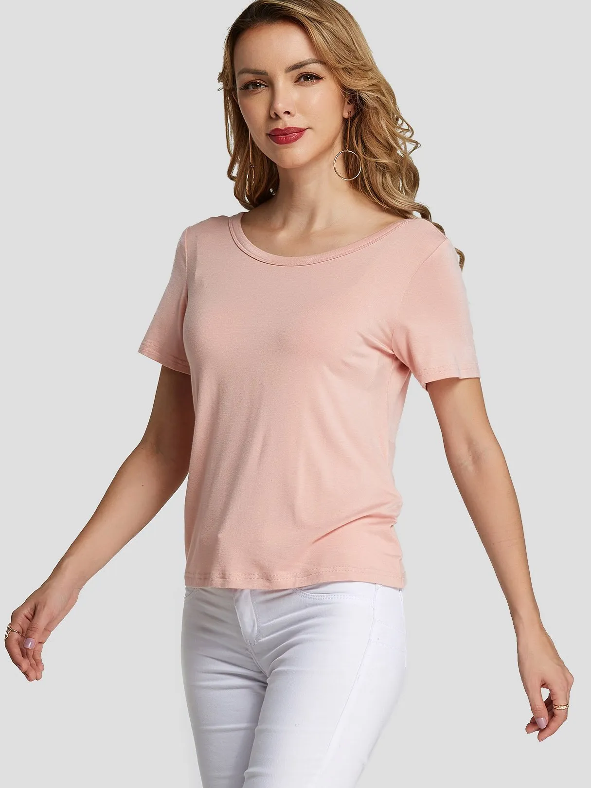 Wholesale Round Neck Twist Short Sleeve Pink T-Shirts
