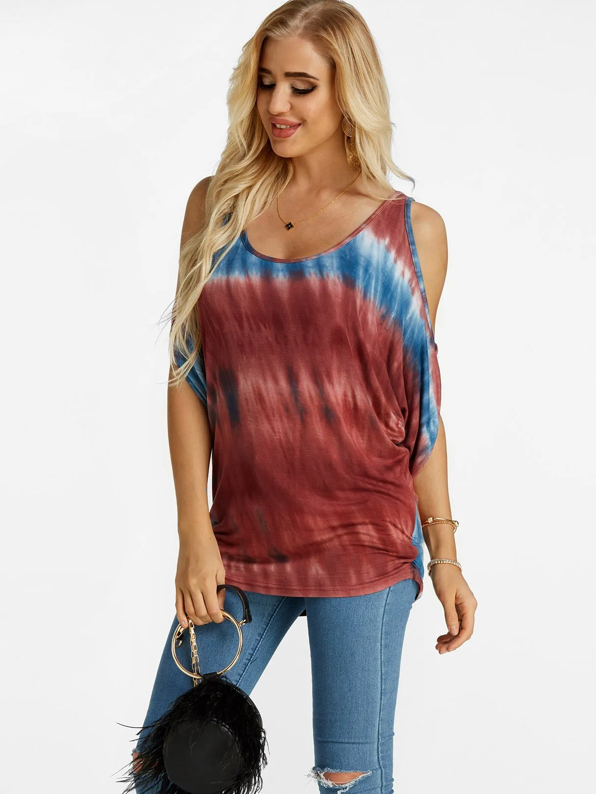 Wholesale Scoop Neck Cold Shoulder Cut Out Tie-Up Short Sleeve Khaki T-Shirts