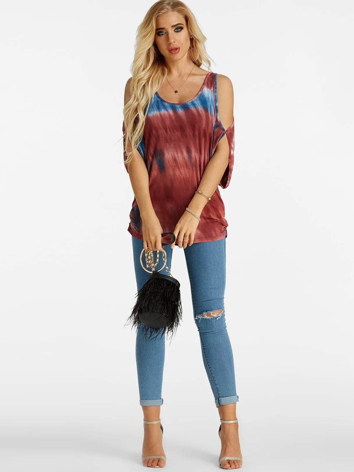 Wholesale Scoop Neck Cold Shoulder Cut Out Tie-Up Short Sleeve Khaki T-Shirts