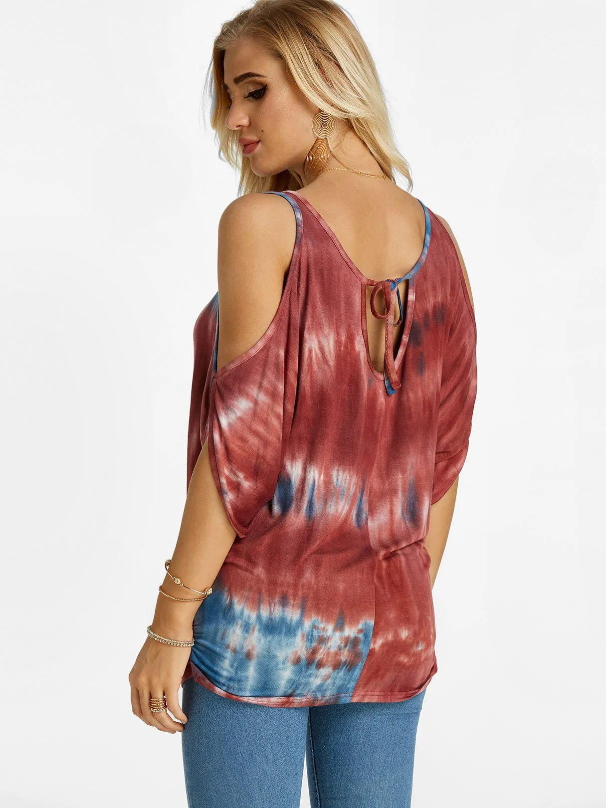 Wholesale Scoop Neck Cold Shoulder Cut Out Tie-Up Short Sleeve Khaki T-Shirts