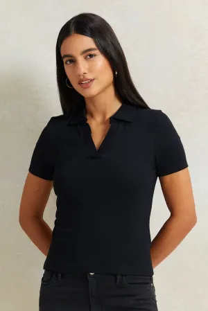 Women Black Collared Rib T-Shirt
