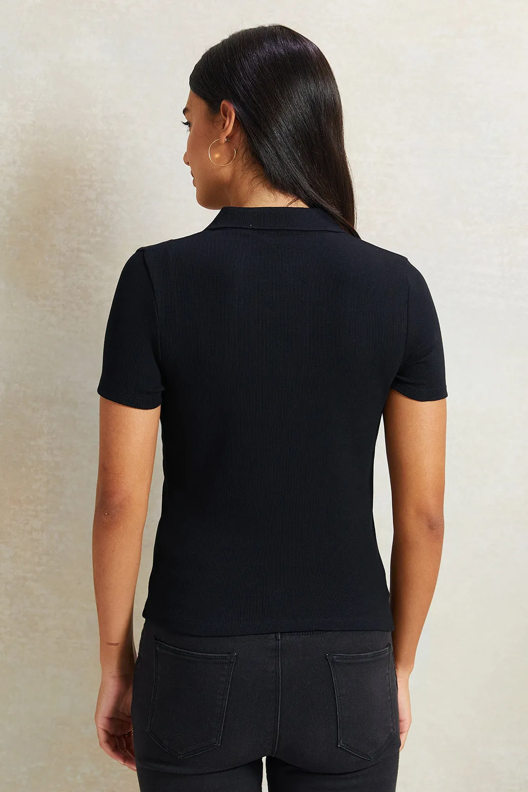 Women Black Collared Rib T-Shirt
