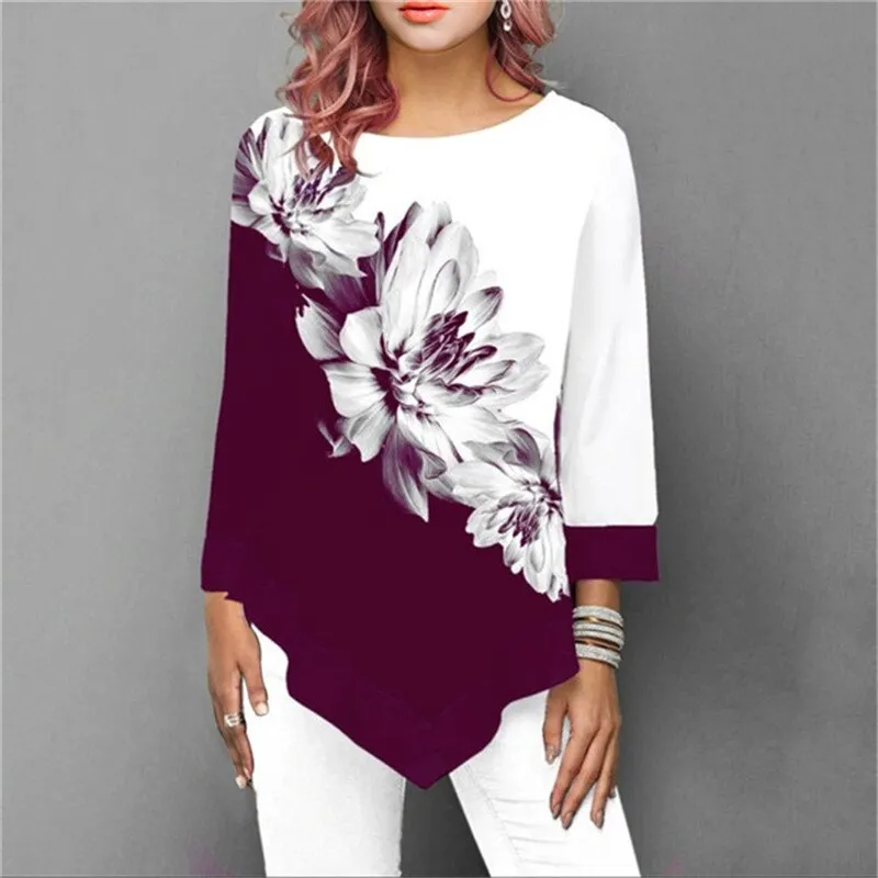 Women Elegant Floral Printing Blouse 3/4 Sleeve Casual T - Shirt