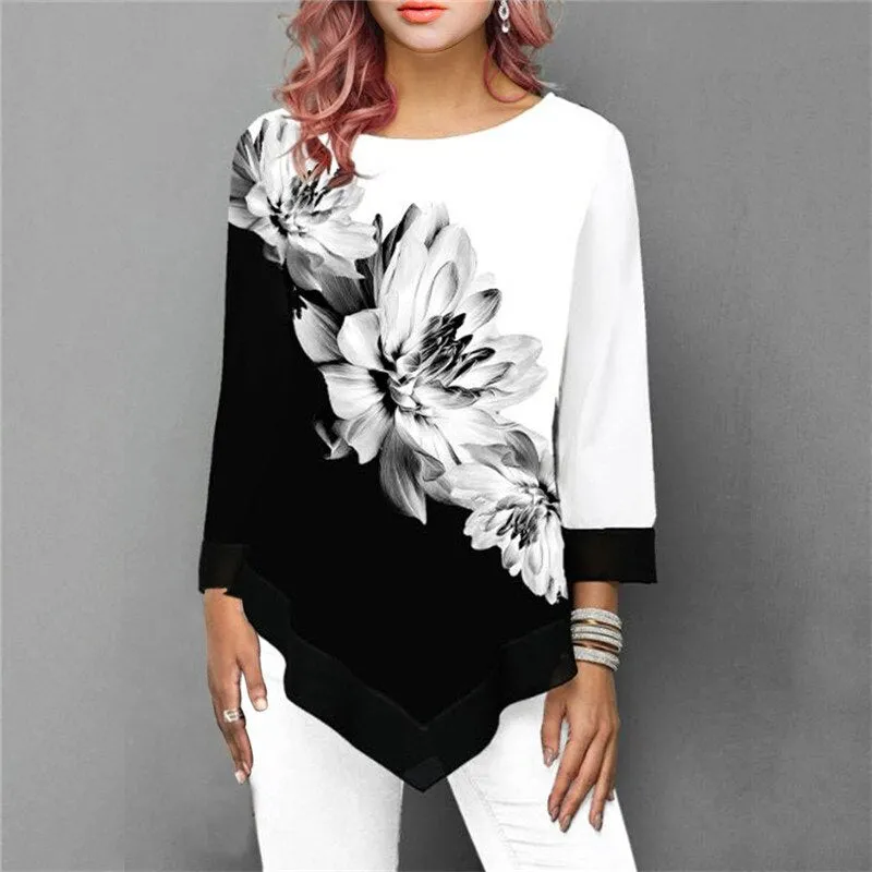 Women Elegant Floral Printing Blouse 3/4 Sleeve Casual T - Shirt