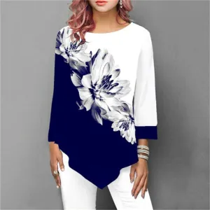Women Elegant Floral Printing Blouse 3/4 Sleeve Casual T - Shirt