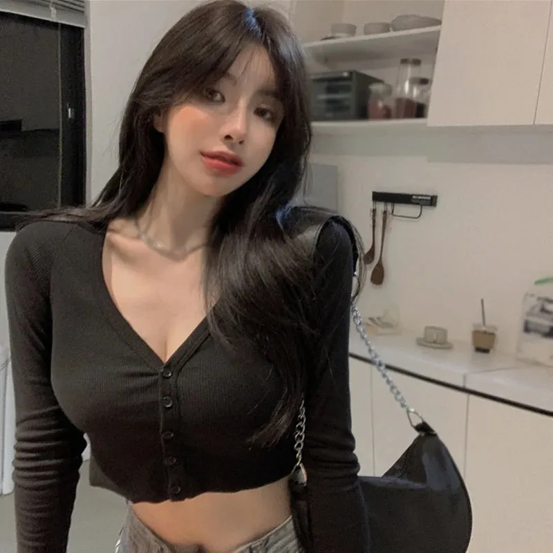 Women T-Shirts Long Sleeve Stretchy V-Neck Crop Tops Stylish Korean Streetwear