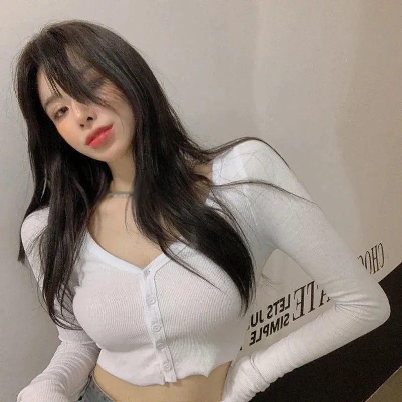 Women T-Shirts Long Sleeve Stretchy V-Neck Crop Tops Stylish Korean Streetwear