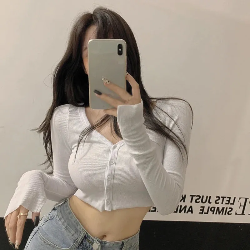 Women T-Shirts Long Sleeve Stretchy V-Neck Crop Tops Stylish Korean Streetwear
