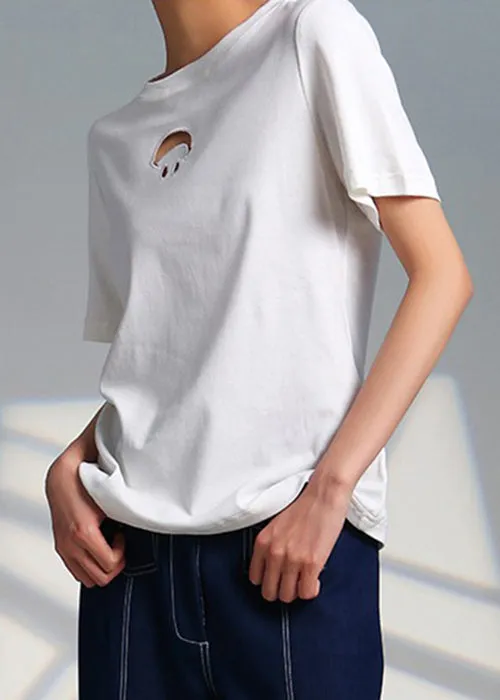 Women White O Neck Hollow Out Cotton T Shirts Summer AS1097