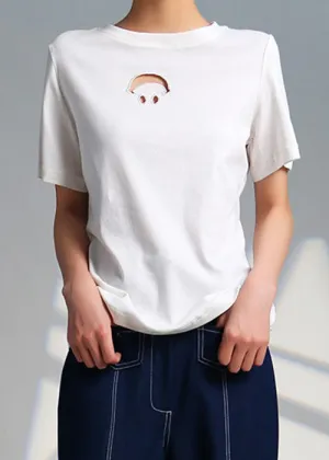Women White O Neck Hollow Out Cotton T Shirts Summer AS1097