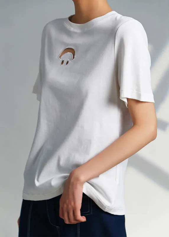 Women White O Neck Hollow Out Cotton T Shirts Summer AS1097