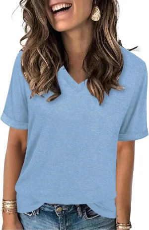 Women's T Shirts V-Neck 2025 Fashion Spring Summer Casual Women Tops Trendy Cute Fit Tee S-XXL