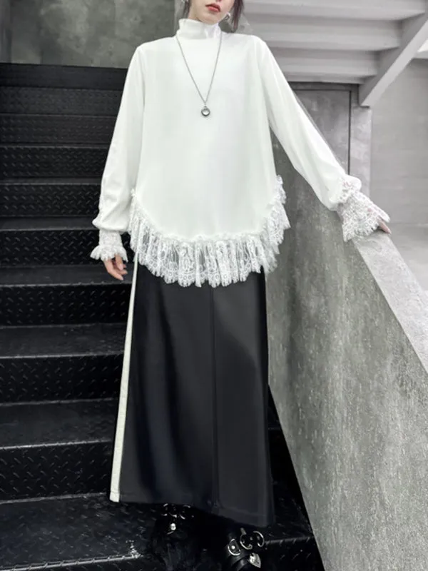 xakxx Long Sleeves Loose Solid Color Split-Joint High Neck T-Shirts Tops