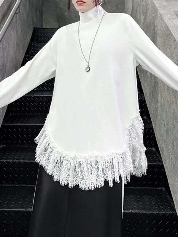 xakxx Long Sleeves Loose Solid Color Split-Joint High Neck T-Shirts Tops
