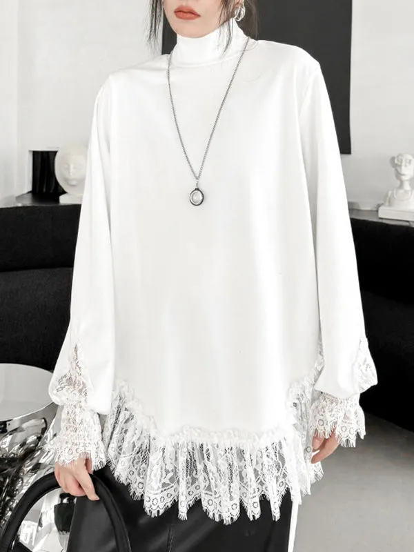 xakxx Long Sleeves Loose Solid Color Split-Joint High Neck T-Shirts Tops