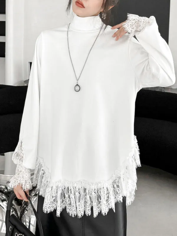 xakxx Long Sleeves Loose Solid Color Split-Joint High Neck T-Shirts Tops