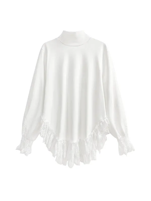 xakxx Long Sleeves Loose Solid Color Split-Joint High Neck T-Shirts Tops