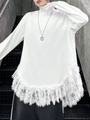 xakxx Long Sleeves Loose Solid Color Split-Joint High Neck T-Shirts Tops
