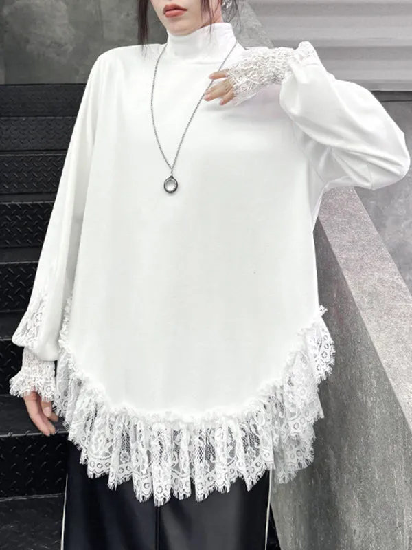 xakxx Long Sleeves Loose Solid Color Split-Joint High Neck T-Shirts Tops