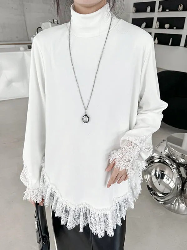 xakxx Long Sleeves Loose Solid Color Split-Joint High Neck T-Shirts Tops