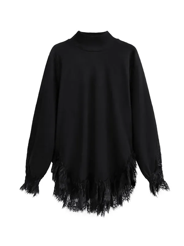 xakxx Long Sleeves Loose Solid Color Split-Joint High Neck T-Shirts Tops