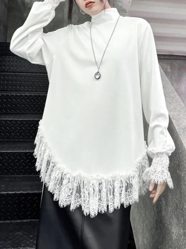 xakxx Long Sleeves Loose Solid Color Split-Joint High Neck T-Shirts Tops