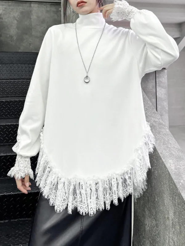 xakxx Long Sleeves Loose Solid Color Split-Joint High Neck T-Shirts Tops