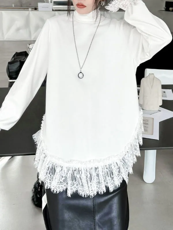 xakxx Long Sleeves Loose Solid Color Split-Joint High Neck T-Shirts Tops